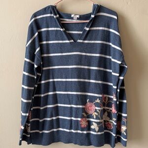 J. Jill Blue and White stripped Sweater with Floral Embroidery and hood Size M